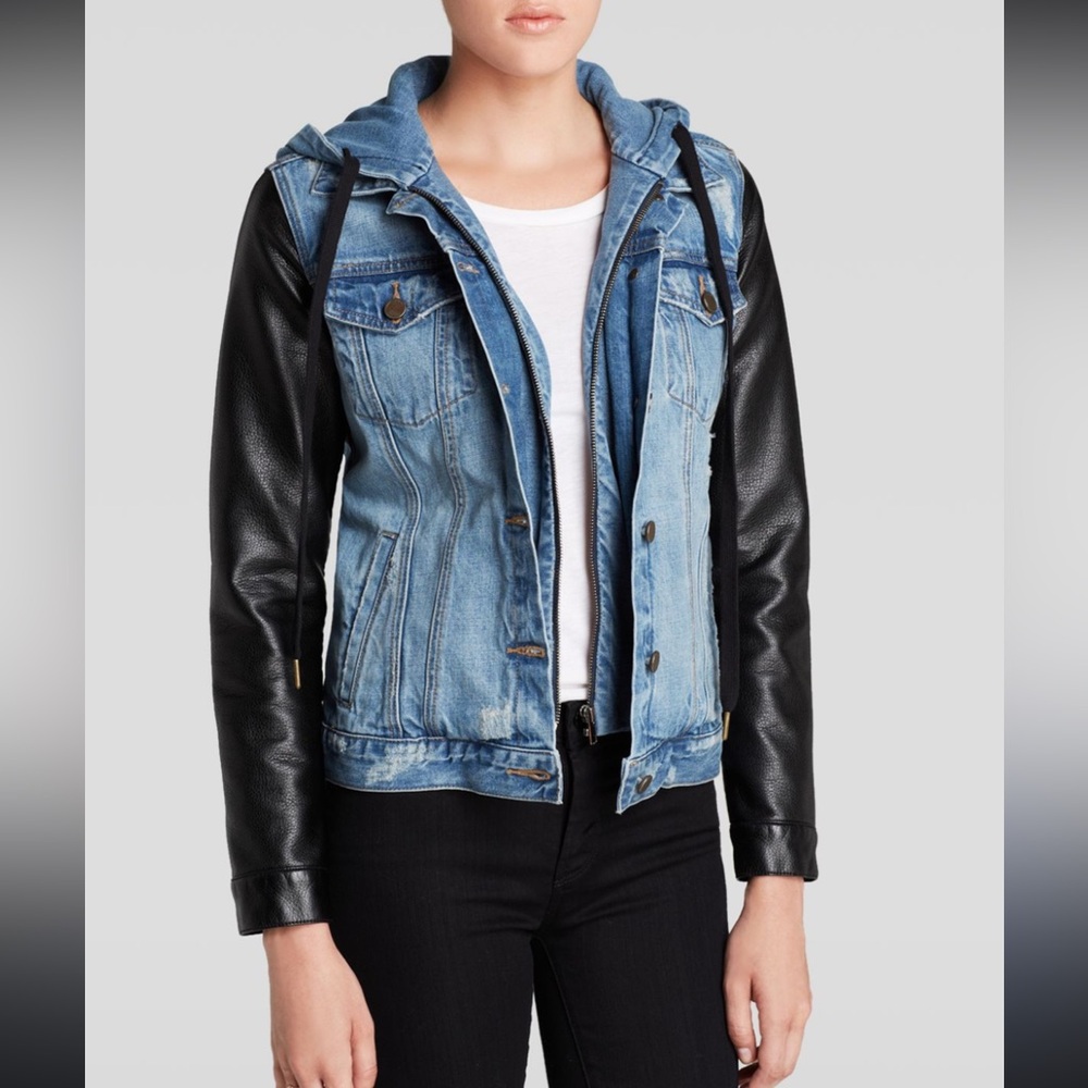 Blank NYC‎ Denim and Leather Women's Jacket Faux XS Hooded